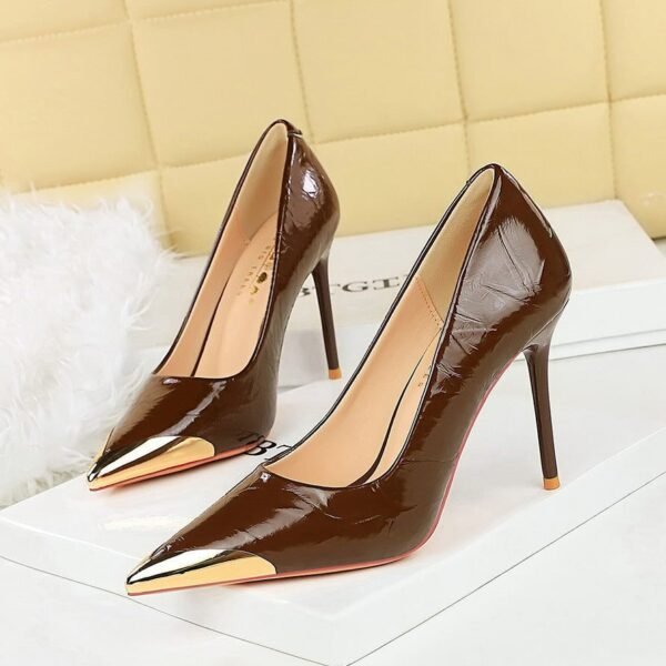 BIGTREE 3739-36 Korean version banquet shallow mouth stiletto high heels women's shoes pointed iron head decorative super high heel patent leather shoes