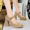 BIGTREE 9613-5 European and American style retro high heels, thick heels, waterproof platform, suede, shallow square scalp, belt buckle, one strap, single shoe woman