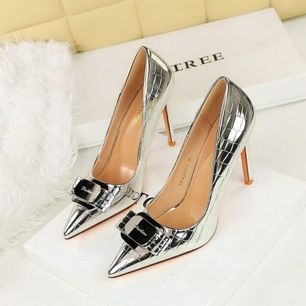 BIGTREE 18249-K91 European and American style super high-heeled women's shoes patent leather metal bow splicing stiletto high heels