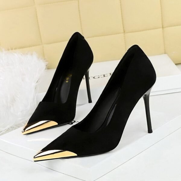 BIGTREE 3739-32 European and American style banquet women's shoes high heels thin heel suede light mouth metal pointed head iron head thin single shoes