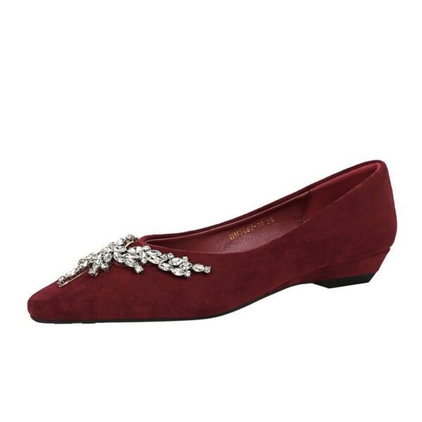 BIGTREE 3683-H70 retro fashion single shoes rhinestone chain decorative pointed head shallow mouth suede wedge heel versatile low heel women's shoes