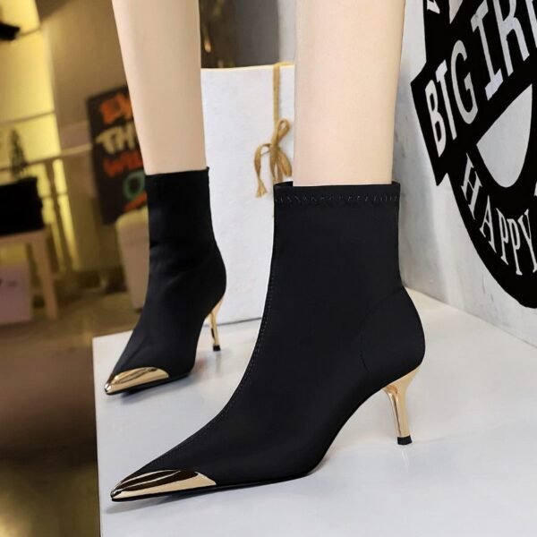 BIGTREE 319-A13 banquet women's boots European and American fashion and sexy thin heels satin metal pointed short boots short boots