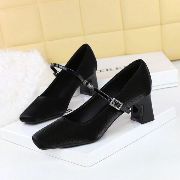 BIGTREE 6295 French small fragrant wind square head rhinestone one word with satin women's shoes thick heel medium heel light mouth comfortable and thin single shoes