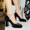 BIGTREE 9982-H78TP French Xiaoxiangfeng square head waterproof table high heels back bow pearl chain one-word belt single shoes