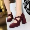 BIGTREE 9613-8 European and American style women's shoes high heel thick heel waterproof table shallow mouth square head belt buckle suede cross belt single shoes women
