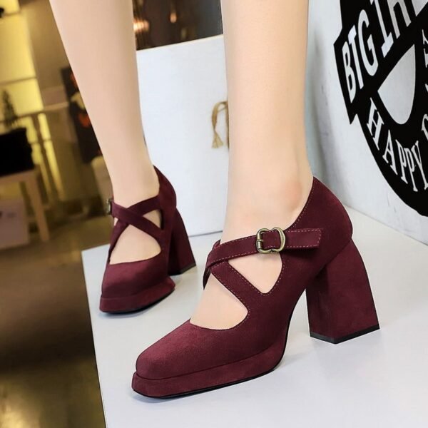 BIGTREE 9613-8 European and American style women's shoes high heel thick heel waterproof table shallow mouth square head belt buckle suede cross belt single shoes women