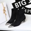 BIGTREE 335-1 European and American style light luxury banquet women's boots medium heel hollow with metal pointed iron head suede short boots