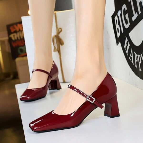 BIGTREE 6292 European and American style elegant women's shoes rhinestone word with square head heels patent leather glossy light mouth thick heel medium heel single shoes