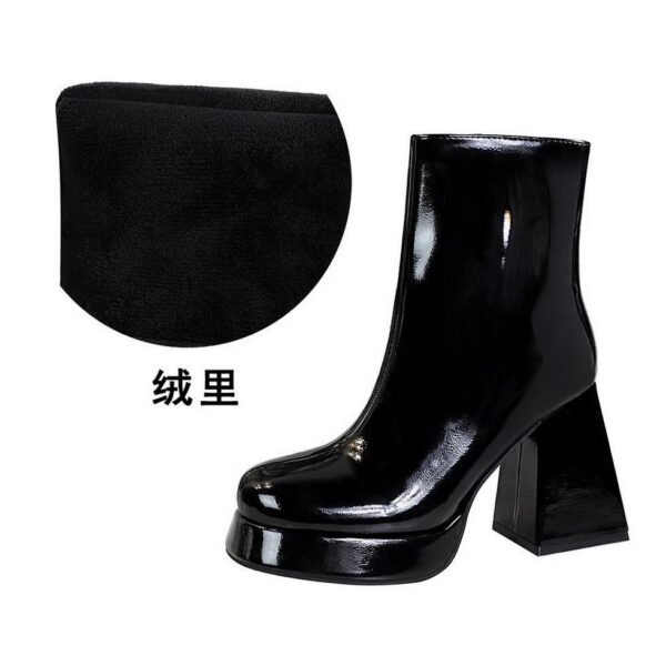 BIGTREE 7992-1 European and American retro women's boots short thick heel super high heel glossy side zipper round head glossy patent leather short boots