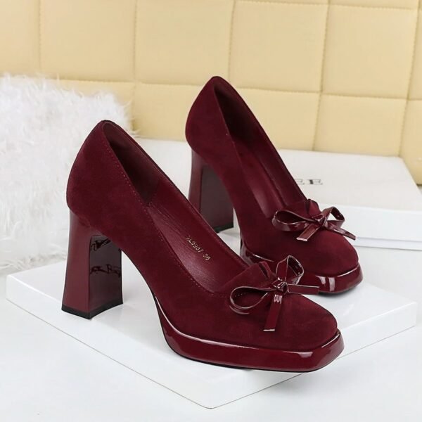 Product image BIGTREE 9987-H81 Korean version square head waterproof table high heels suede bow decorative women's shoes light mouth super high heel single shoes