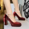 Product image BIGTREE 9982-H79TP Korean version of square head thick heel waterproof table high heels pearl word with back bow satin shoes