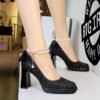 Product image BIGTREE 9983-H79TP Korean version sequined pearl one-word strap women's shoes square head shallow mouth thick heel super high heel waterproof table shoes