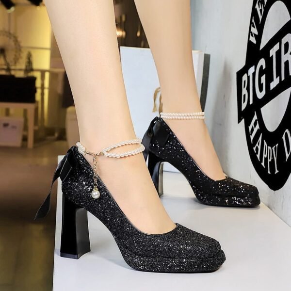 Product image BIGTREE 9983-H79TP Korean version sequined pearl one-word strap women's shoes square head shallow mouth thick heel super high heel waterproof table shoes