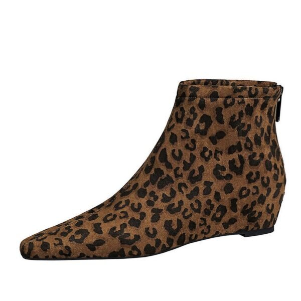BIGTREE 6632-27 retro style autumn and winter naked boots inner height increase slope heel middle heel back zipper leopard print short boots
