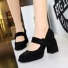 BIGTREE 9613-6 European and American style high-heeled thick-heeled waterproof table suede one-word belt buckle shallow mouth Mary Jane women's shoes single shoes