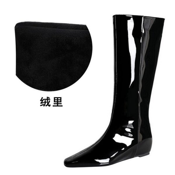 BIGTREE 6632-36 European and American wide-tube women's boots, rear zipper, small square head, middle heel, and inner heel heightening glossy patent leather high boots