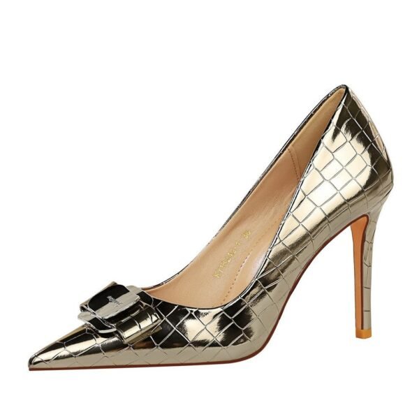 BIGTREE 18249-K91 European and American style super high-heeled women's shoes patent leather metal bow splicing stiletto high heels