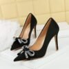 BIGTREE 1961-H61 European and American style light luxury rhinestone bow pointed head thin heel middle heel satin single shoes wine glass and women's single shoes