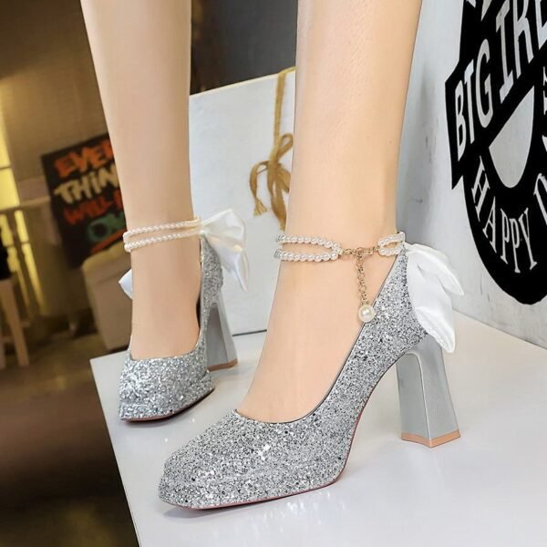 BIGTREE 9983-H78TP French bow pearl chain straight strap high heels square toe platform thick heel sequin single shoes
