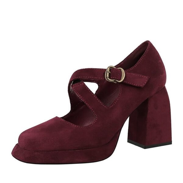 BIGTREE 9613-8 European and American style women's shoes high heel thick heel waterproof table shallow mouth square head belt buckle suede cross belt single shoes women