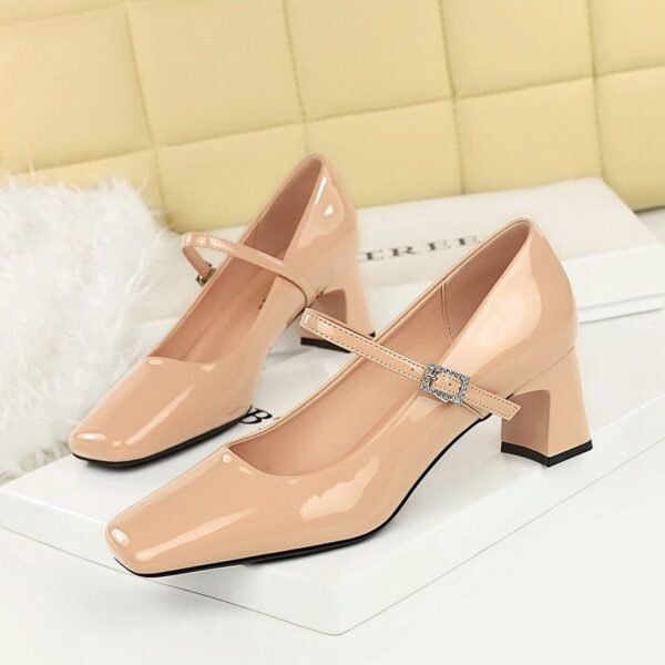 BIGTREE 6292 European and American style elegant women's shoes rhinestone word with square head heels patent leather glossy light mouth thick heel medium heel single shoes