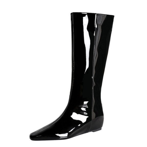 BIGTREE 6632-36 European and American wide-tube women's boots, rear zipper, small square head, middle heel, and inner heel heightening glossy patent leather high boots