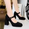 BIGTREE 9613-5 European and American style retro high heels, thick heels, waterproof platform, suede, shallow square scalp, belt buckle, one strap, single shoe woman