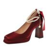 Product image BIGTREE 9982-H79TP Korean version of square head thick heel waterproof table high heels pearl word with back bow satin shoes