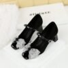 BIGTREE 5296-H65 Korean version one word with rhinestone buckle Mary Jane single shoes square head thick heel sequined bow medium heel women's shoes