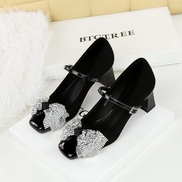 BIGTREE 5296-H65 Korean version one word with rhinestone buckle Mary Jane single shoes square head thick heel sequined bow medium heel women's shoes