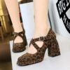 BIGTREE 9613-8 European and American style women's shoes high heel thick heel waterproof table shallow mouth square head belt buckle suede cross belt single shoes women