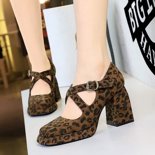 BIGTREE 9613-8 European and American style women's shoes high heel thick heel waterproof table shallow mouth square head belt buckle suede cross belt single shoes women
