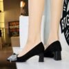 BIGTREE 5297-H65 sequined bow square head light mouth European and American style medium heel single shoes suede thick heel professional commuter women's shoes
