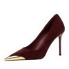BIGTREE 3739-32 European and American style banquet women's shoes high heels thin heel suede light mouth metal pointed head iron head thin single shoes