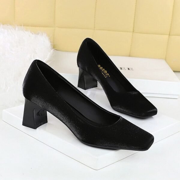 BIGTREE 6293 Spring and Autumn New French Elegant Fashion Single Shoes Square Toe Satin Thick Heel Shallow Plain Plain Mid-Heel Commuter Women's Shoes