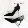 BIGTREE 3739-H62L Korean high heels side bow rhinestone Xi Shi velvet thin pointed toe shallow mouth super high heel shoes