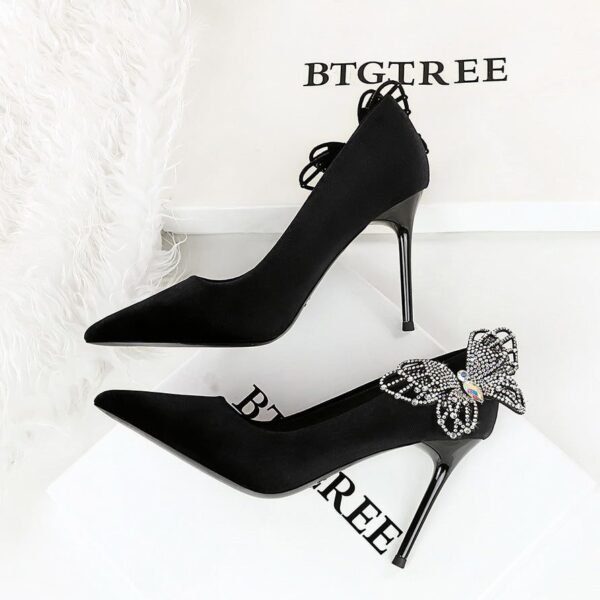 BIGTREE 3739-H62L Korean high heels side bow rhinestone Xi Shi velvet thin pointed toe shallow mouth super high heel shoes