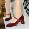 BIGTREE 6295 French small fragrant wind square head rhinestone one word with satin women's shoes thick heel medium heel light mouth comfortable and thin single shoes