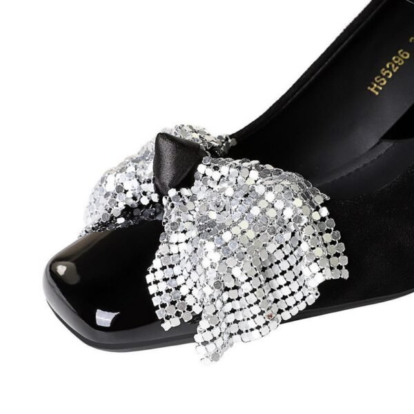 BIGTREE 5297-H65 sequined bow square head light mouth European and American style medium heel single shoes suede thick heel professional commuter women's shoes