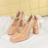 BIGTREE 9981-H79TP sweet bow pearl chain thick heel high heels square toe with patent leather platform shoes