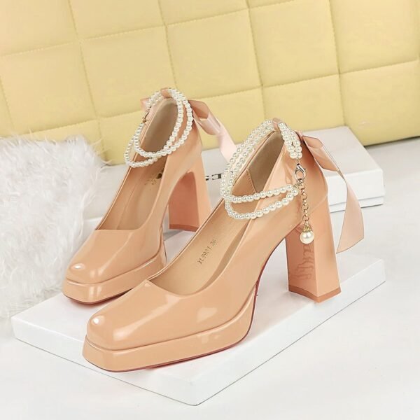 BIGTREE 9981-H79TP sweet bow pearl chain thick heel high heels square toe with patent leather platform shoes
