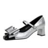 BIGTREE 5298-H58 Mary Jane women's shoes medium heel thick heel shallow mouth square head splicing toe toe one word with bow single shoes women