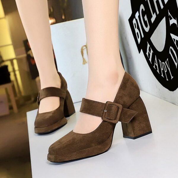 BIGTREE 9613-6 European and American style high-heeled thick-heeled waterproof table suede one-word belt buckle shallow mouth Mary Jane women's shoes single shoes