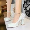 Product image BIGTREE 9981-H78TP Korean version square head thick heel super high heel waterproof table pearl chain word with bow wedding shoes single shoes