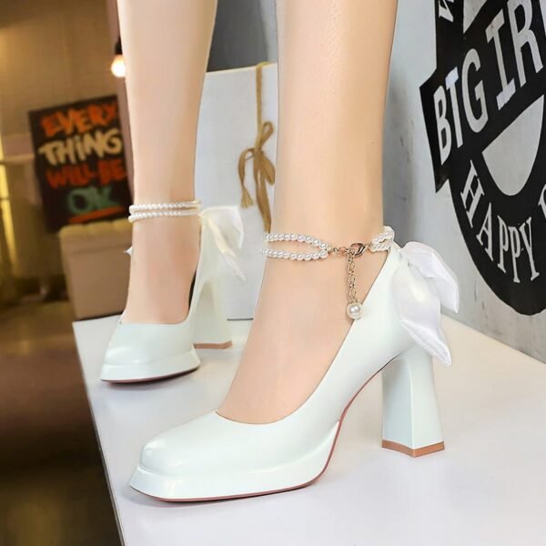 Product image BIGTREE 9981-H78TP Korean version square head thick heel super high heel waterproof table pearl chain word with bow wedding shoes single shoes