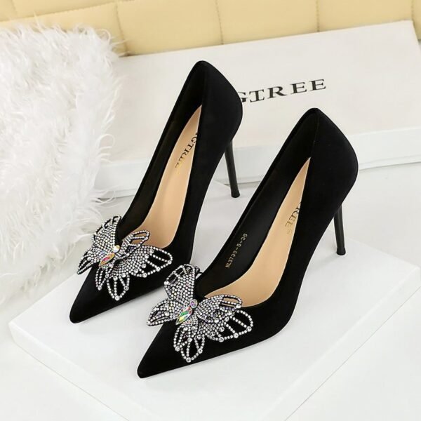 BIGTREE 3739-H62 Shining color double-layer bow decoration European and American high heels Xishi velvet super high heel shallow mouth women's shoes