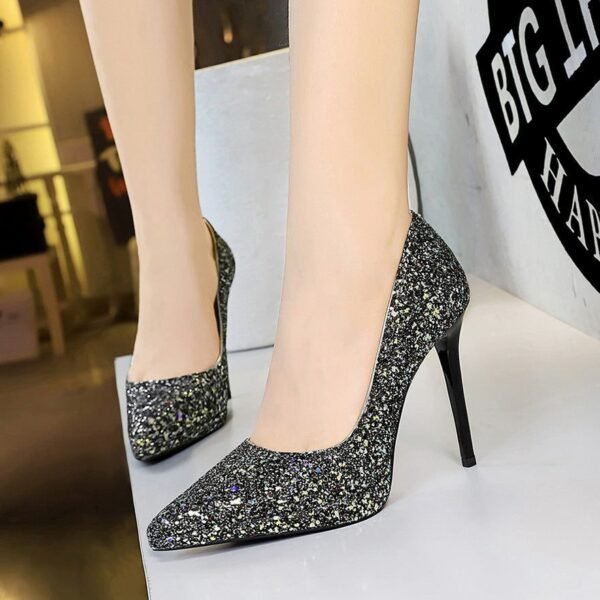 BIGTREE 3255-15 European and American style banquet high heels thin heel super high heel waterproof table shallow mouth pointed sequins single shoes women's shoes