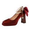 BIGTREE 9982-H78TP French Xiaoxiangfeng square head waterproof table high heels back bow pearl chain one-word belt single shoes