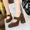 BIGTREE 9613-6 European and American style high-heeled thick-heeled waterproof table suede one-word belt buckle shallow mouth Mary Jane women's shoes single shoes