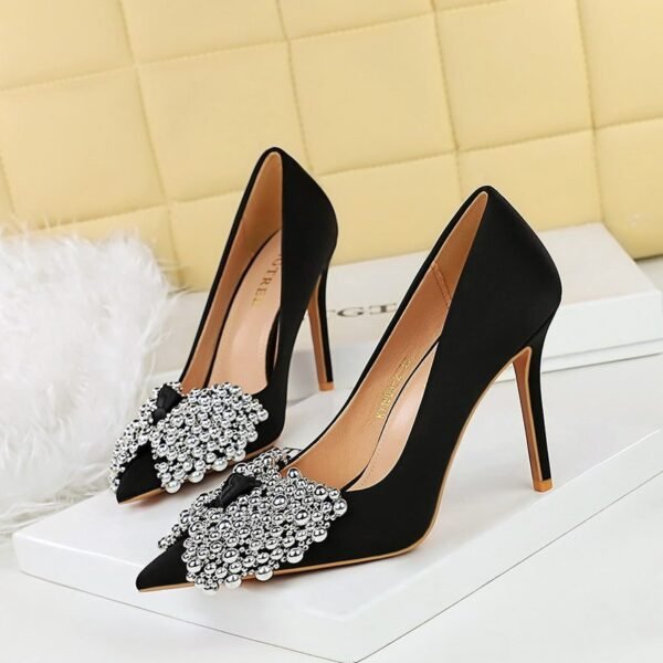 Product image BIGTREE 1983-H60 Korean version temperament bow shoes thin heel super high heel satin light luxury pointed head shallow mouth high heel shoes
